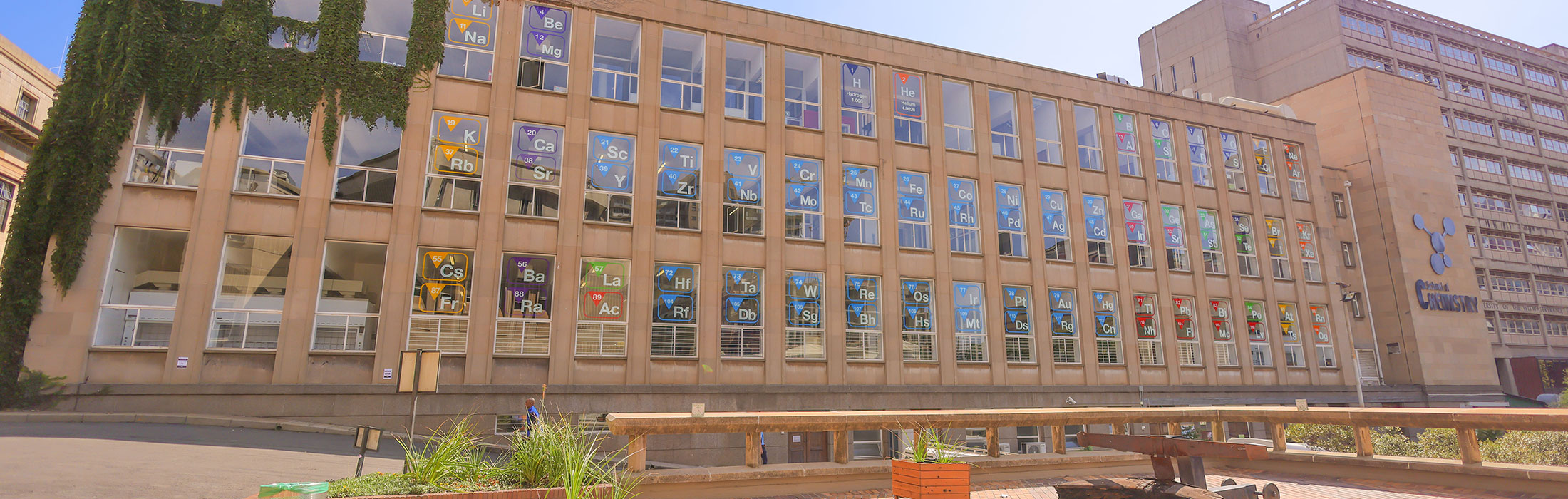 Windows showing periodic table Chemistry building