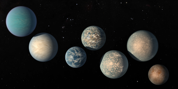 The seven Earth-size planets of TRAPPIST-1, an exoplanet system about 40 light-years away, based on data current as at February 2018. The image shows the planets' relative sizes but does not represent their orbits to scale. The art highlights possibilities for how the surfaces of these intriguing worlds might look based on their newly-calculated properties. Picture: NASA/JPL