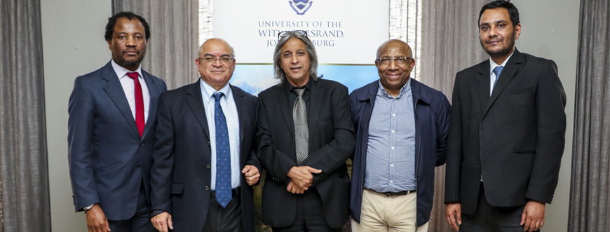 Launch of #SA4IR. From left Professor Zeblon Vilakazi (Wits), Professor John Hendricks (Fort Hare), Professor Adam Habib (Wits), Sipho Maseko (Telkom), Professor Babu Paul (UJ). Photo by Wits University