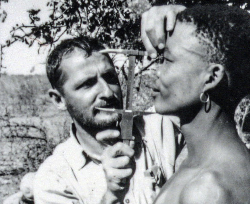 Wits University Professor Phillip Tobias measuring an unnamed person during an expedition to the Kalahari in the early 1950s.