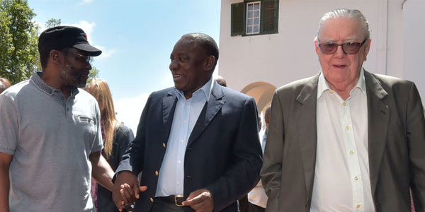 Raymond Louw, right, with then deputy president Cyril Ramaphosa, middle, and veteran journalist Mathatha Tsedu in 2015. ? GovernmentZA/Flickr