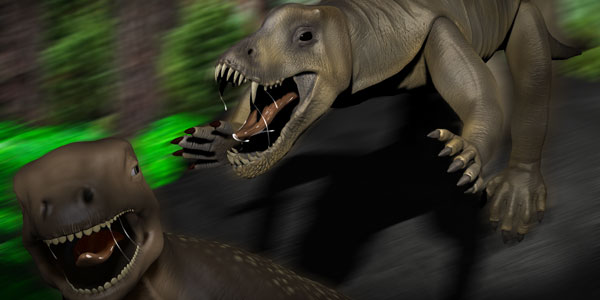 A live reconstruction of Anteosaurus attacking a herbivorous Moschognathus.