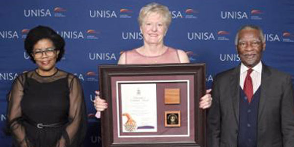 Denise Nicholson with Professor Puleng LenkaBula, UNISA VC, and former president Thabo Mbekil